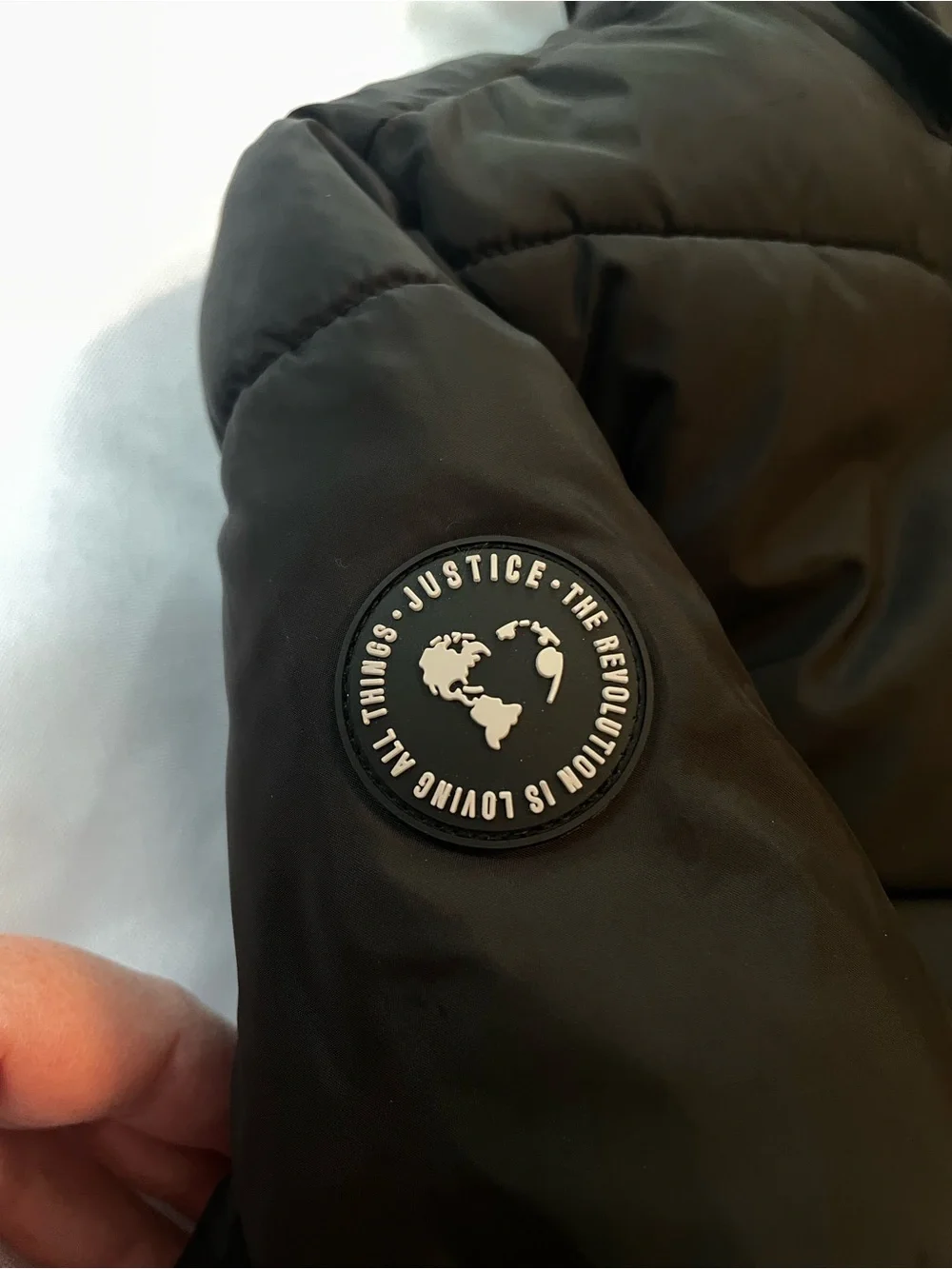 Justice Kids Black Puffer Jacket Warm Lining, Sleeve Decal, & Pockets Size 10(M)